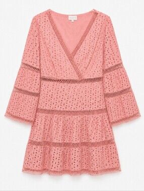 Entro Salmon Pink Eyelet Lace Tiered Boho V-Neck Bell Sleeves Mini Dress L